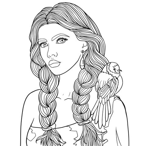 Dreamy Girl with Purple Hair and a Bird Coloring Page