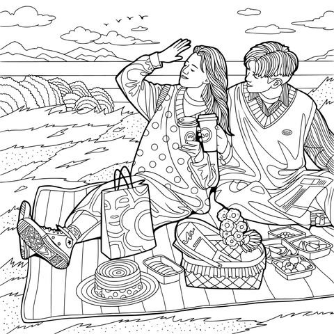 Romantic Picnic Couple Coloring Page