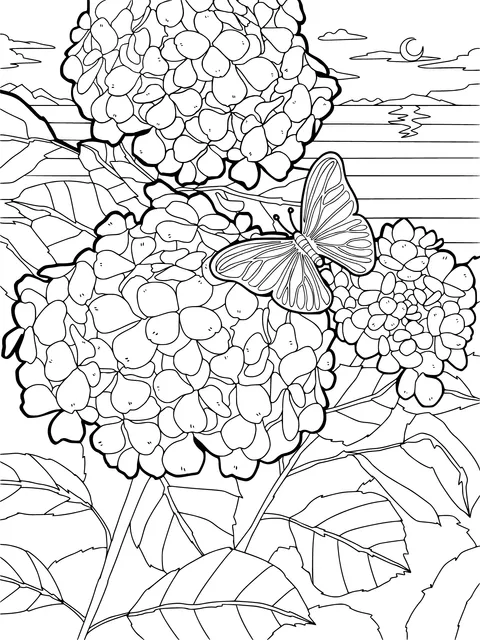 Hydrangeas and Butterfly under the Moonlit Night
