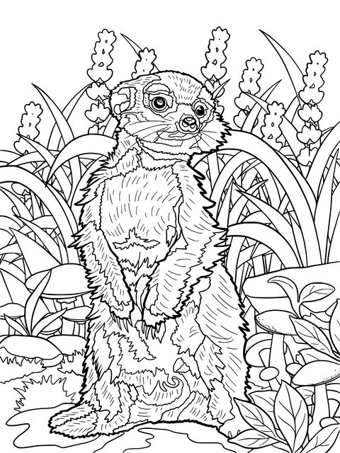 Meerkat with Flowers, Plants and Mushrooms Coloring Page