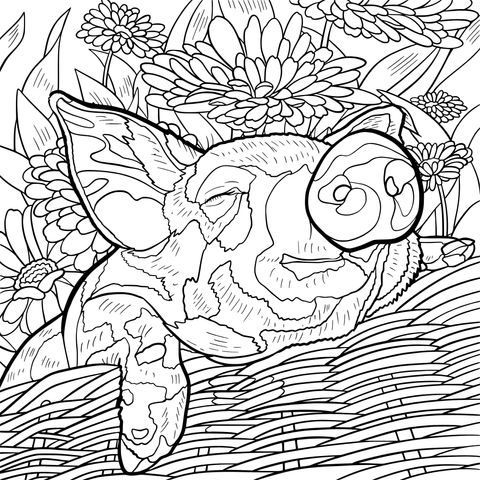 Adorable Pig with Flowers Coloring Page