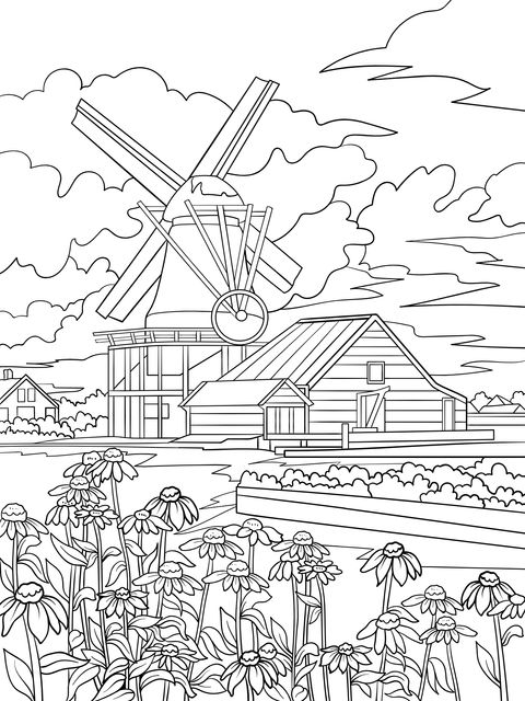 Beautiful Windmill and Rural Landscape Coloring Page