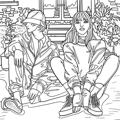 Fashionable Men and Women Outdoor Leisure Coloring Page