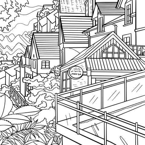 Cozy Townscape Coloring Page