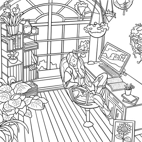 Cozy Indoor Scene Coloring Page: Girl Relaxing Comfortably