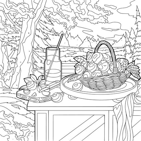 Outdoor Picnic Fruit Scene Coloring Page