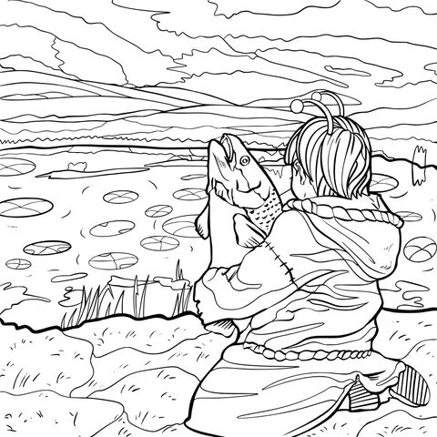 Coloring Page Illustration of a Child and a Big Fish