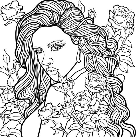 Beautiful Woman in a Rose Bush Coloring Page