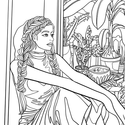 Coloring Page of a Girl by the Window