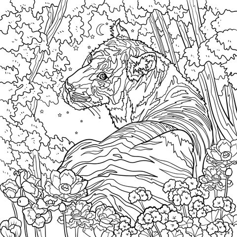 Página de colorear de un tigre en el bosque