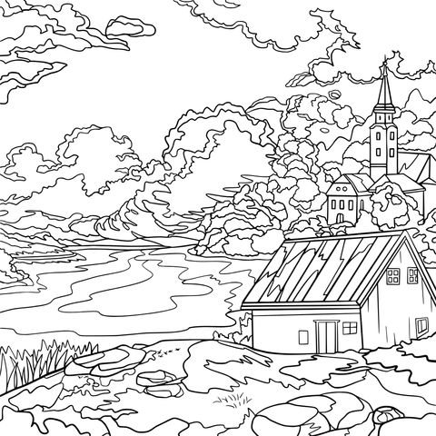 Rural Scenery Coloring Page: Peaceful Cottage and Beautiful Views