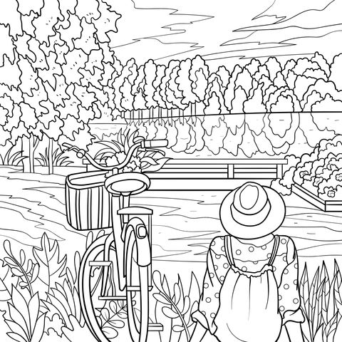 Lakeside Scenery Coloring Page: A Quiet Moment with a Girl and Her Bicycle