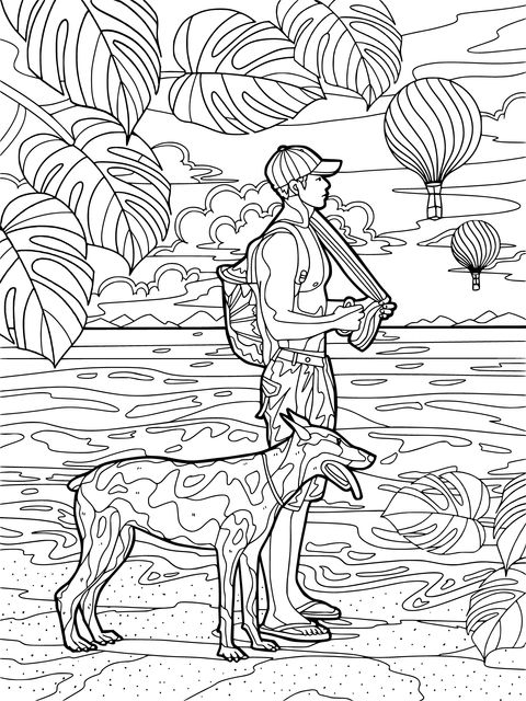 Coloring Page of a Man and a Dog on the Beach