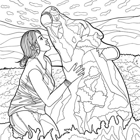 Coloring Page of a Woman Affectionately Interacting with a Cow