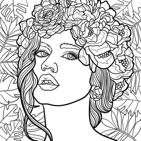 Página de colorear de ilustración de mujer con adorno floral