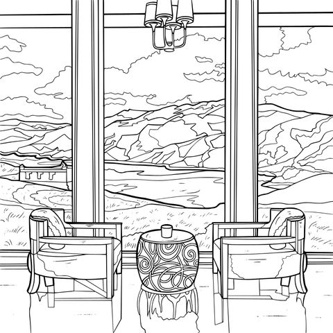 Indoor Landscape Coloring Page: Cozy Space by the Window with Beautiful Natural Views