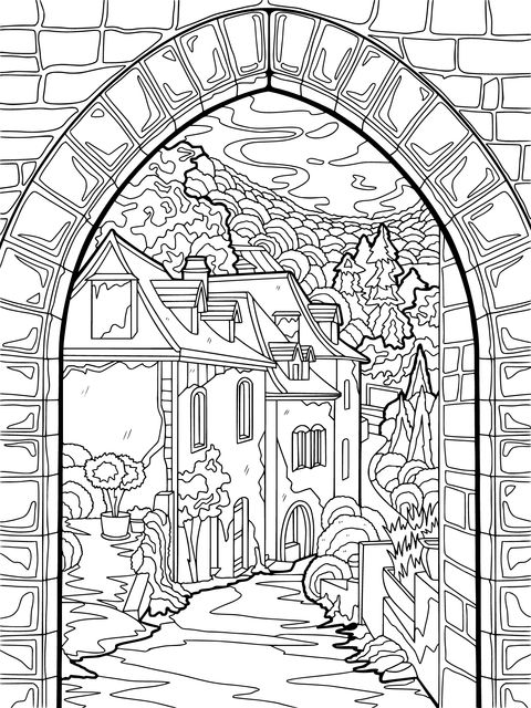 Village Scenery Through an Arch Coloring Page