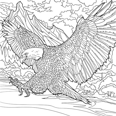 Página de colorear de águila con alas extendidas y paisaje