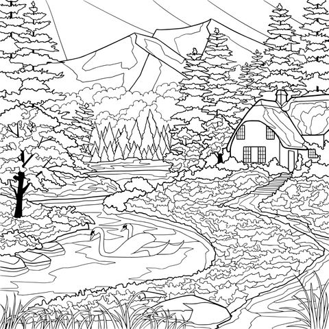 Rural Scenery Coloring Page: Lakeside Cottage and Swans