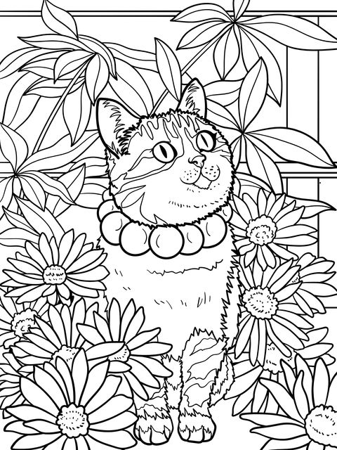 Página para colorir de um gato adorável e flores em florescimento