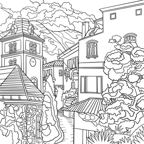 Coloring Page of a Colorful Hand - drawn Town Landscape