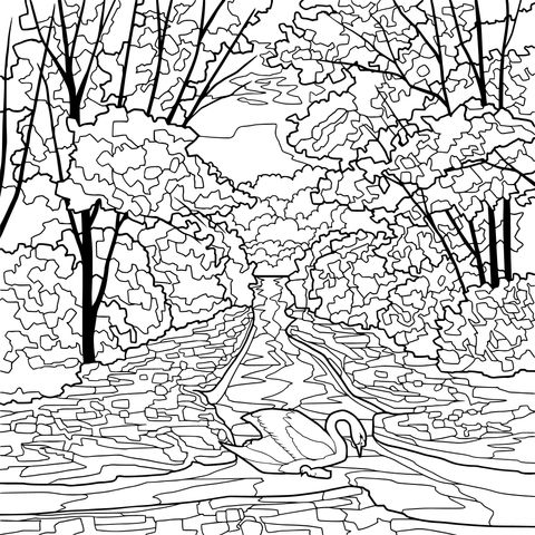 Autumn Forest Swan Scenery Coloring Page