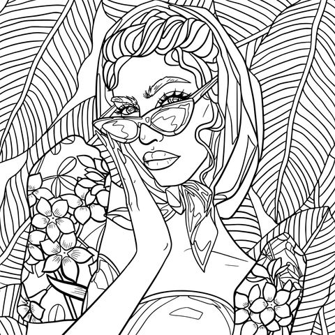 Página de colorear de Mujer Fashionable y Plantas Tropicales