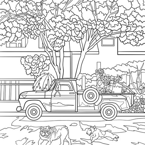 Vintage Truck and Adorable Dogs Courtyard Coloring Page