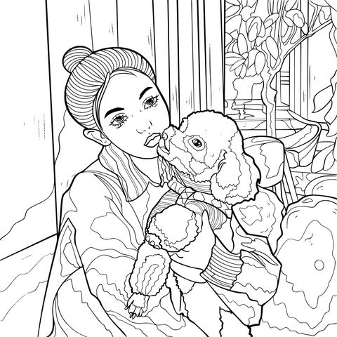 Coloring Page of a Girl Affectionately Interacting with Her Pet Dog