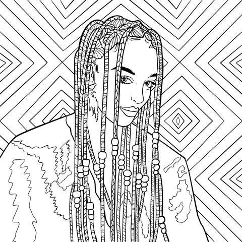 Página de colorear de personaje con trenzas de moda