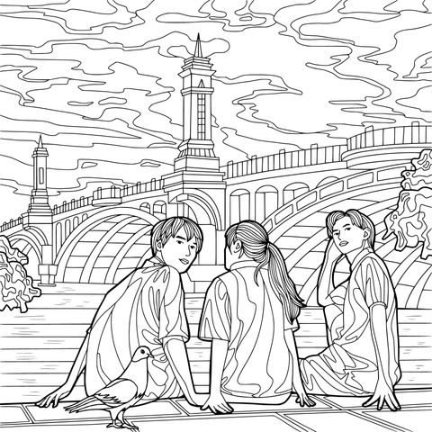 Coloring Page of Three People by the Riverside