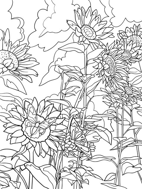 Sunflowers and Butterflies Coloring Page