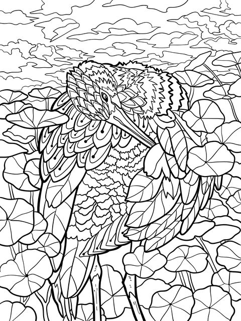 Coloring Page: A Gorgeous Bird in the Lotus Pond