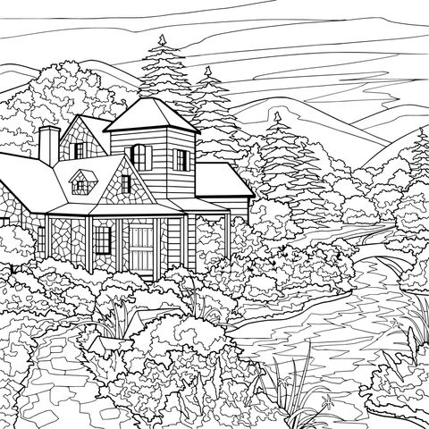 Rural Cottage Landscape Coloring Page