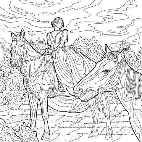 Página para colorir de uma mulher a cavalo