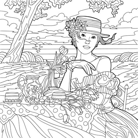 Vintage Lady Outdoor Picnic Coloring Page