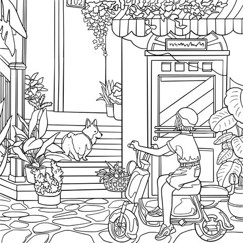 Person on a moped and a dog in front of a door