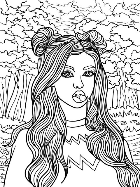 Spring - themed Girl Illustration Coloring Page