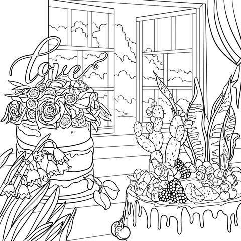 Coloring Page of Flowers and Desserts by the Window