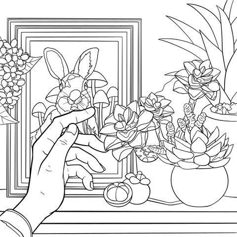 Página de Colorear: Mano Tocando un Conejo en un Cuadro y Plantas Coloridas