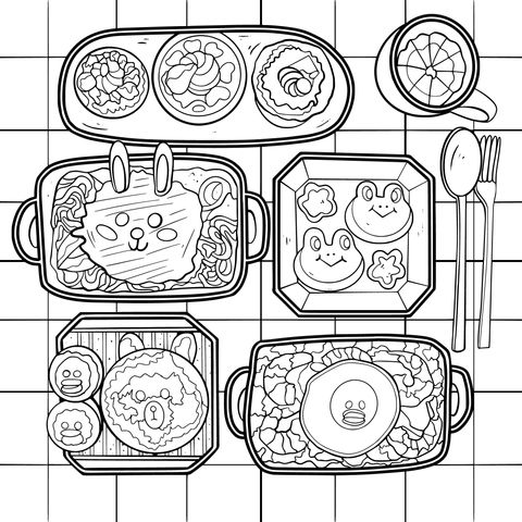 Página para colorear de bentos de dibujos animados adorables