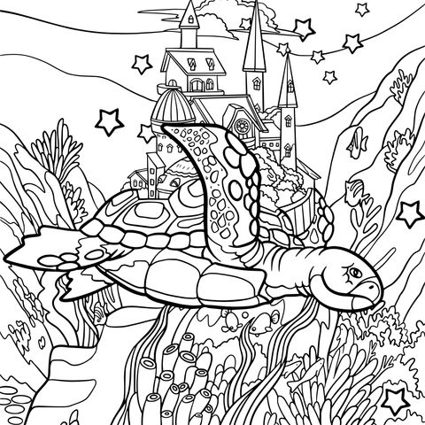 Coloring Page of a Sea - turtle and an Underwater Castle