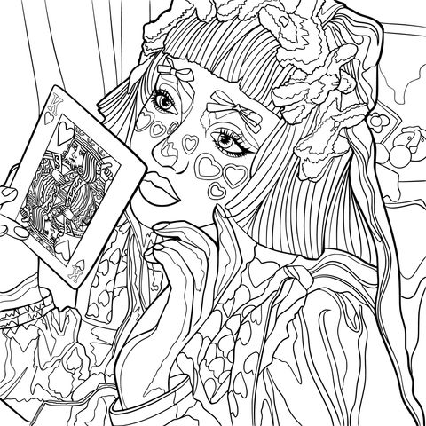 Queen of Hearts - themed Coloring Page Illustration