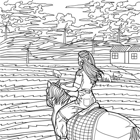 Coloring Page of a Woman Riding a Horse in a Pastoral Landscape