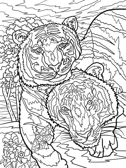 Coloring Page of Two Tigers Snuggling