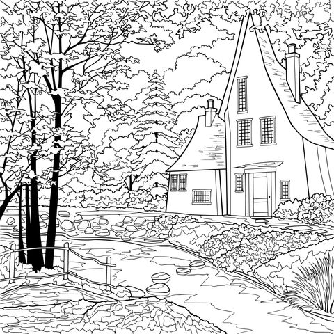 Fairytale Cottage Landscape Coloring Page