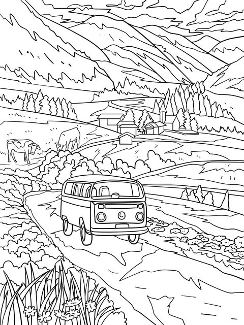 Rural Scenery Coloring Page: Bus Traveling through Green Mountains and Fields