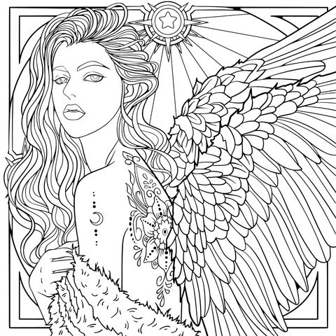 Coloring Page of a Woman with Wings and Tattoos