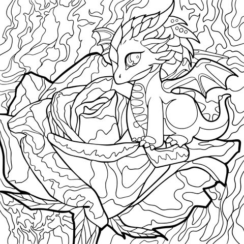 Cute Little Dragon and Red Rose Coloring Page