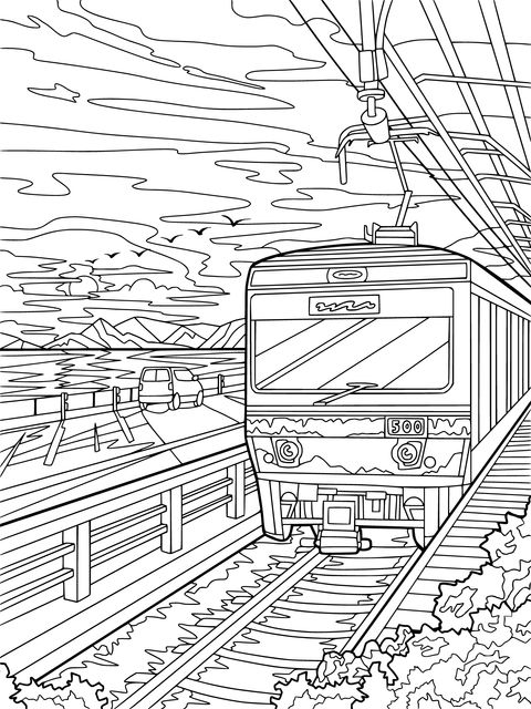 夕日の下の路面電車の塗り絵ページ